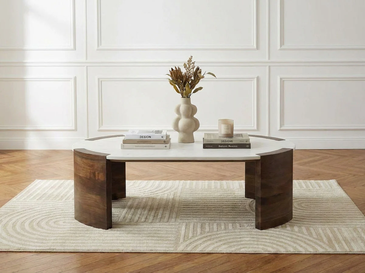Table basse ovale 110 cm TORVI plateau marbre et pieds bois massif de manguier