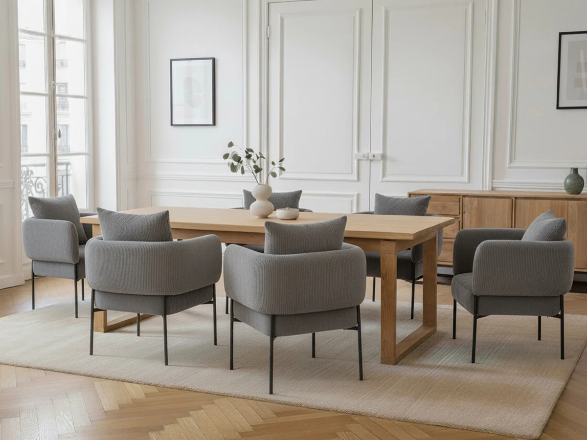 Ensemble MARIN avec table à manger 220 cm couleur chêne + 6 fauteuils GABIN velours côtelé - Image 3