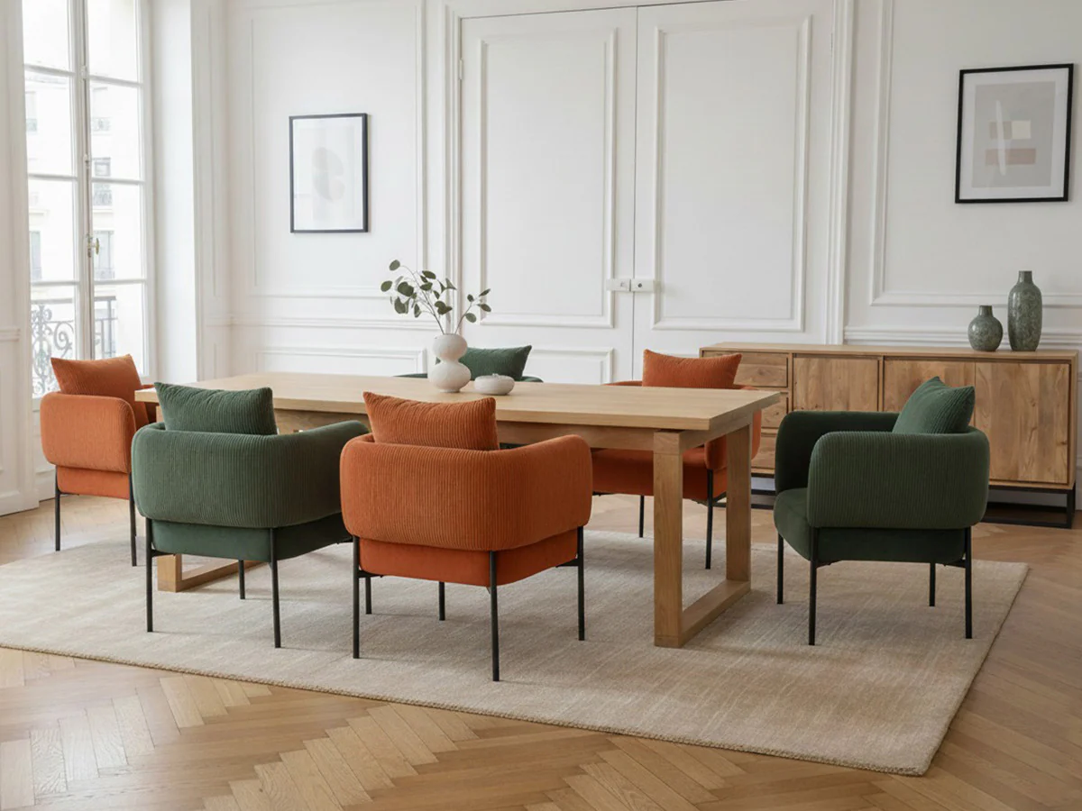 Ensemble MARIN avec table à manger 220 cm couleur chêne + 6 fauteuils GABIN velours côtelé - Image 5