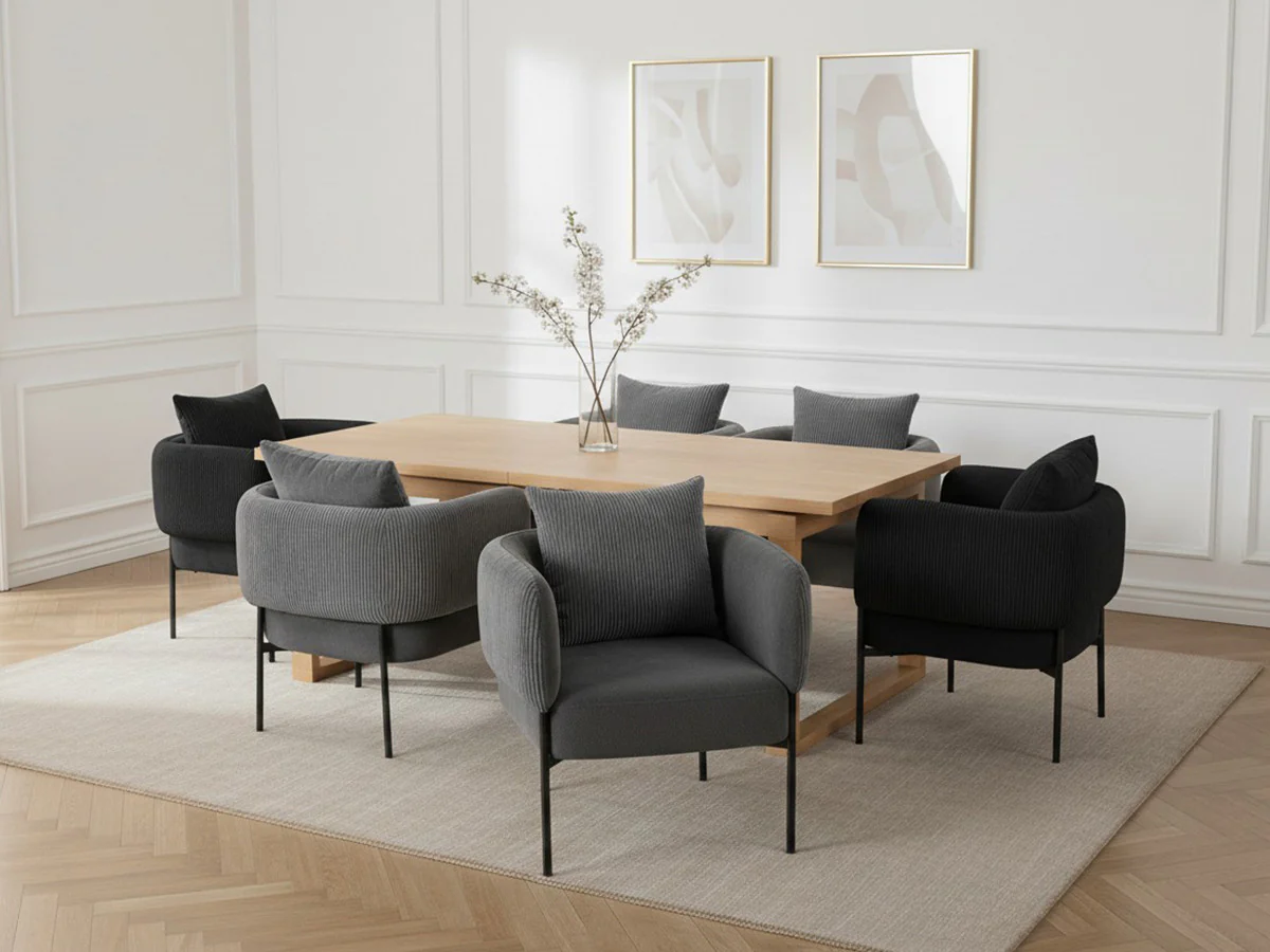 Ensemble MARIN avec table à manger 220 cm couleur chêne + 6 fauteuils GABIN velours côtelé - Image 6