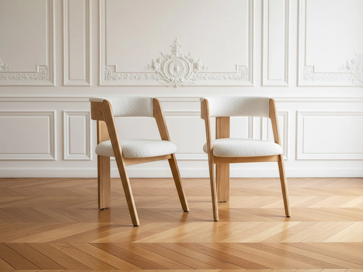 Lot de 2 chaises BORELY placage chêne massif et tissu bouclette - Image 2