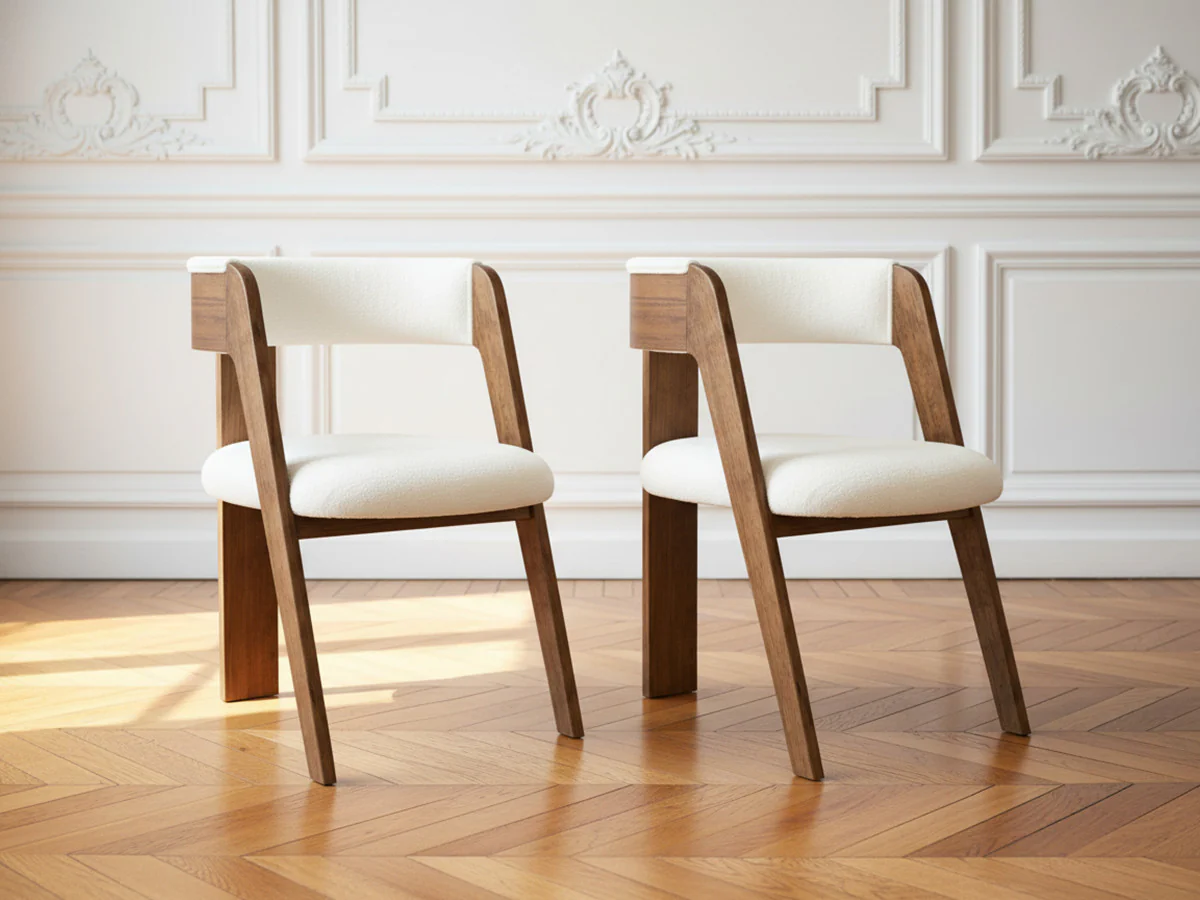 Lot de 2 chaises BORELY placage chêne massif et tissu bouclette - Image 3