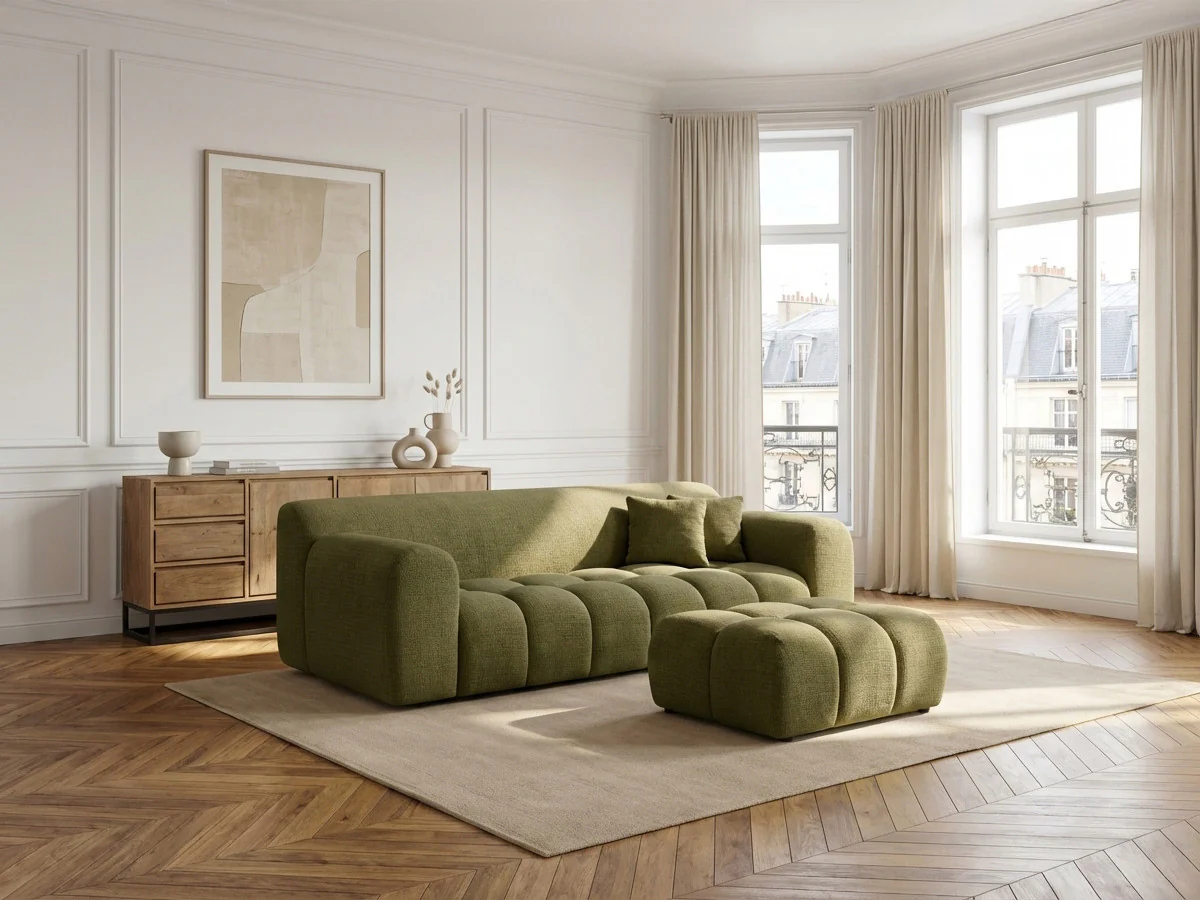 Canapé droit fixe 3 places MELISSE tissu texturé avec pouf - Image 10