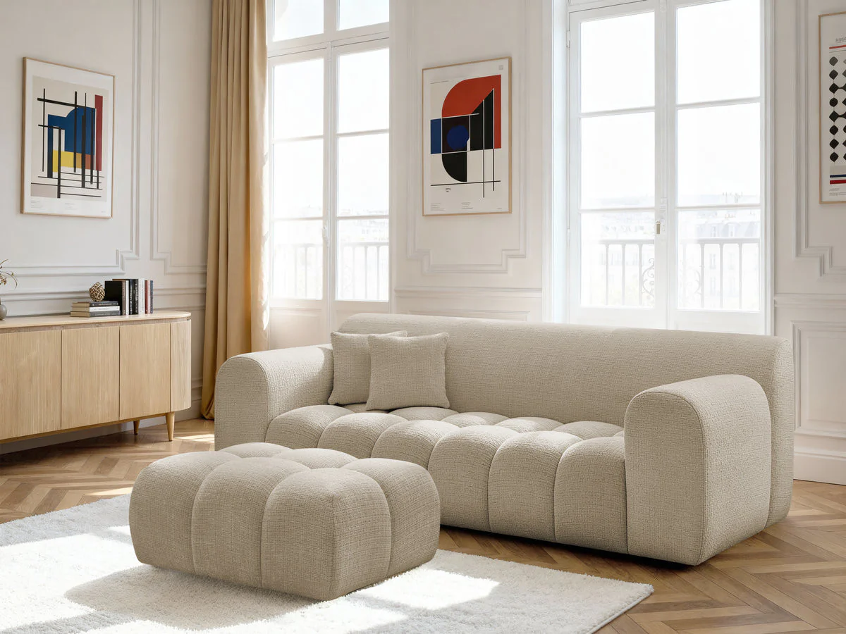 Canapé droit fixe 3 places MELISSE tissu texturé avec pouf - Image 2