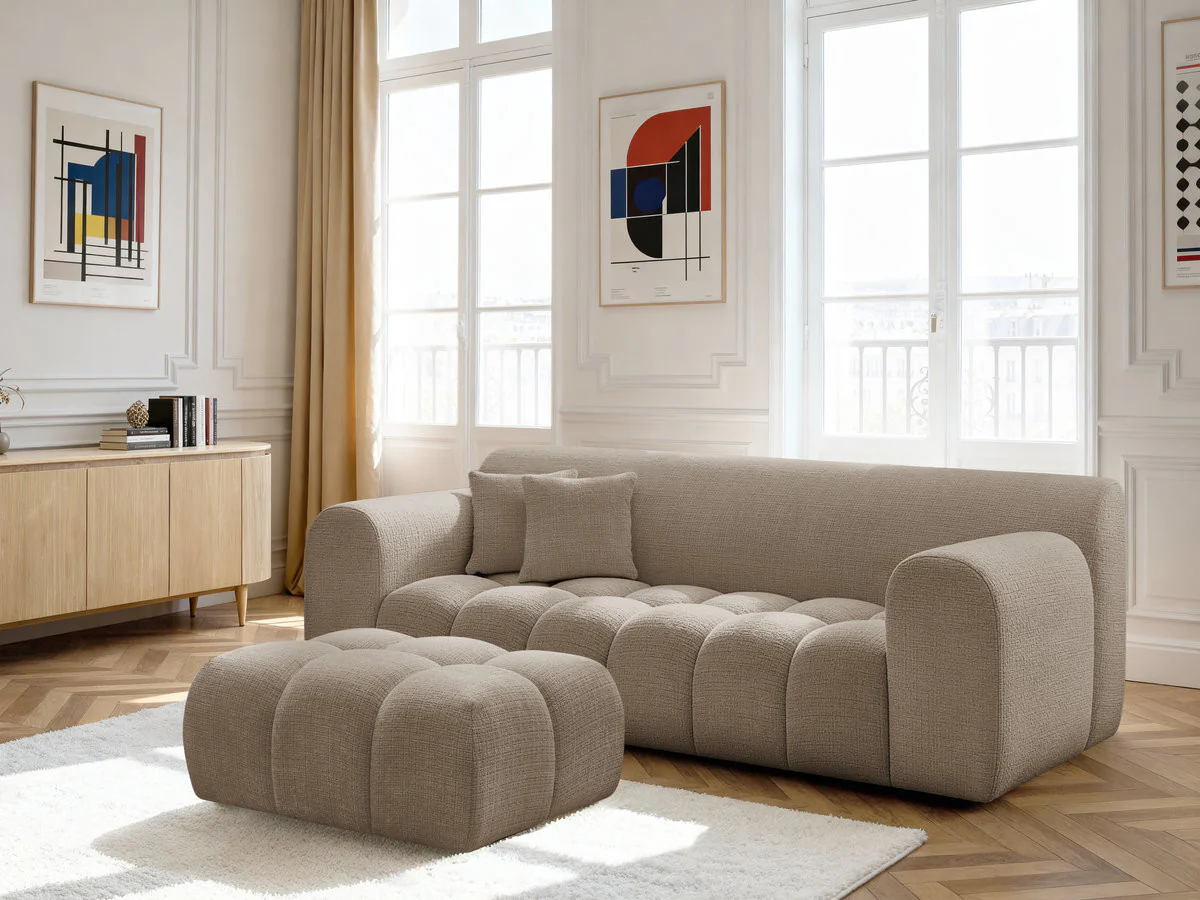 Canapé droit fixe 3 places MELISSE tissu texturé avec pouf - Image 3