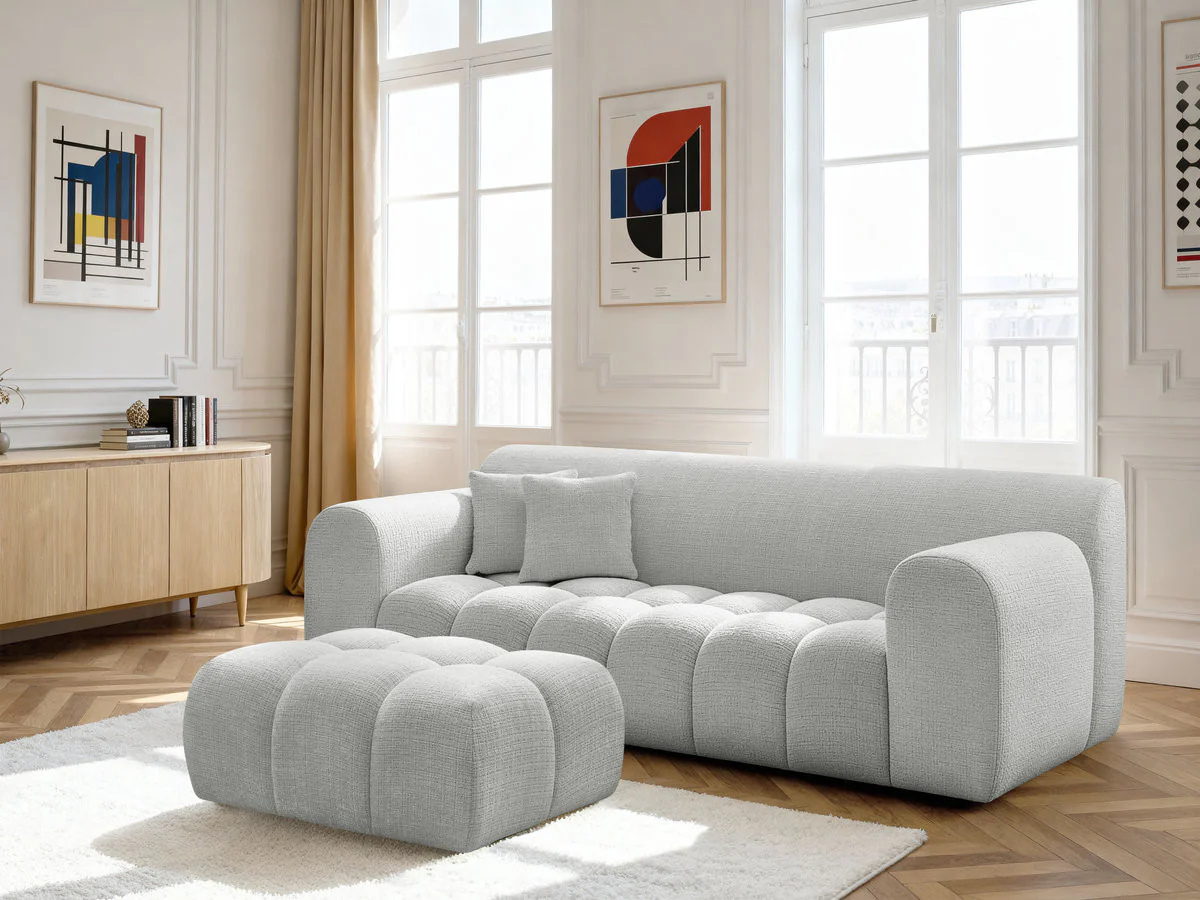 Canapé droit fixe 3 places MELISSE tissu texturé avec pouf - Image 5