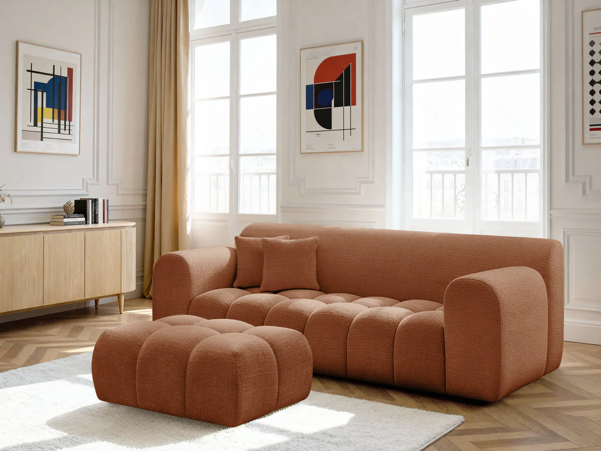 Canapé droit fixe 3 places MELISSE tissu texturé avec pouf - Image 7