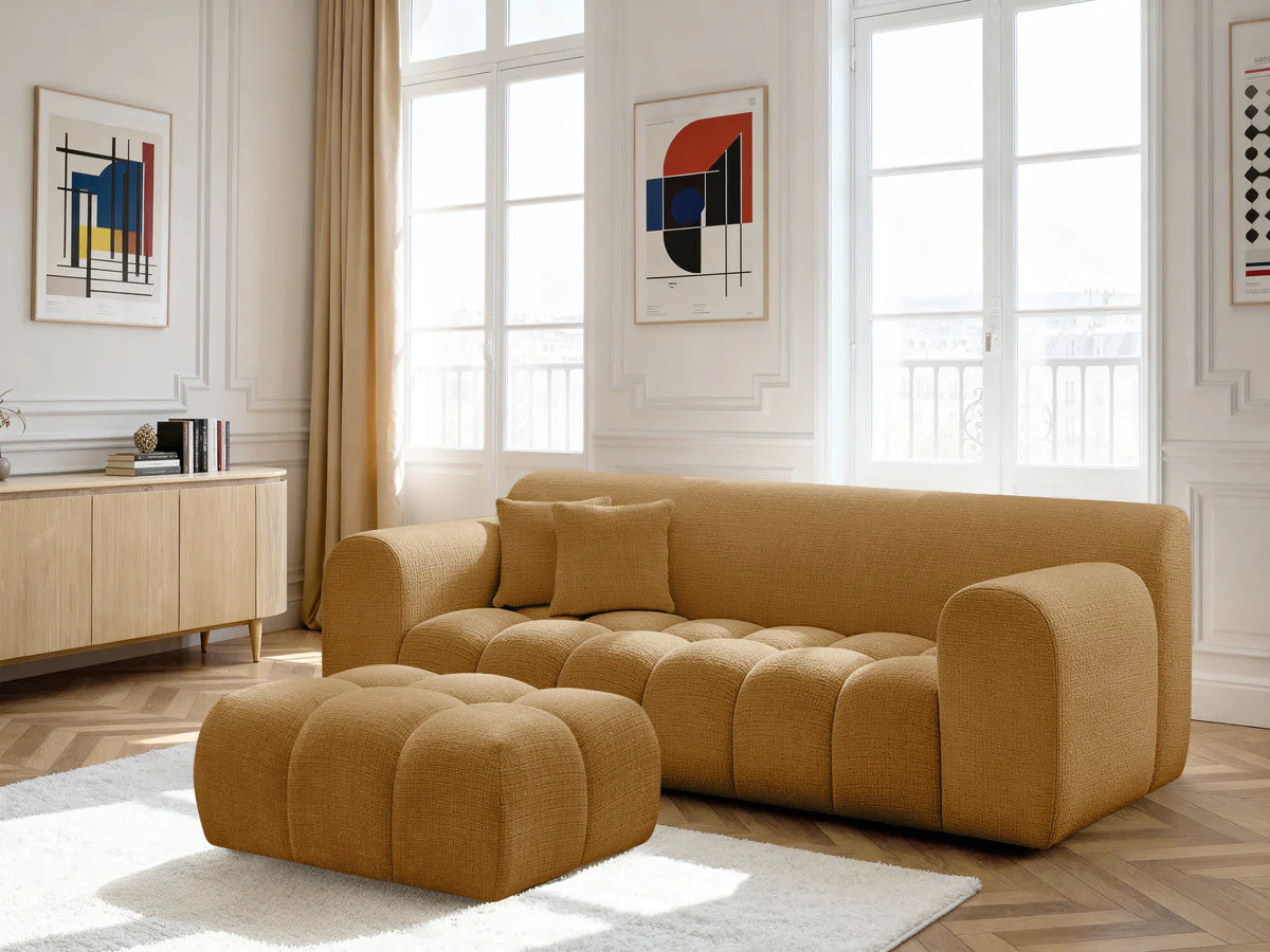 Canapé droit fixe 3 places MELISSE tissu texturé avec pouf - Image 8