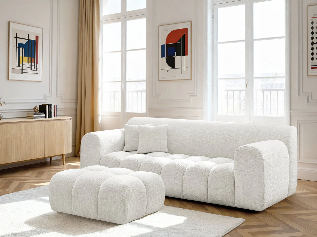 Canapé droit fixe 3 places MELISSE tissu texturé avec pouf - Image 9