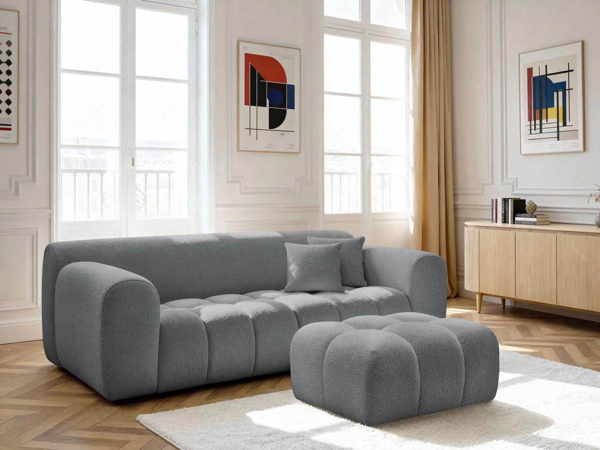 Canapé droit fixe 3 places MELISSE tissu chiné avec pouf - Image 10