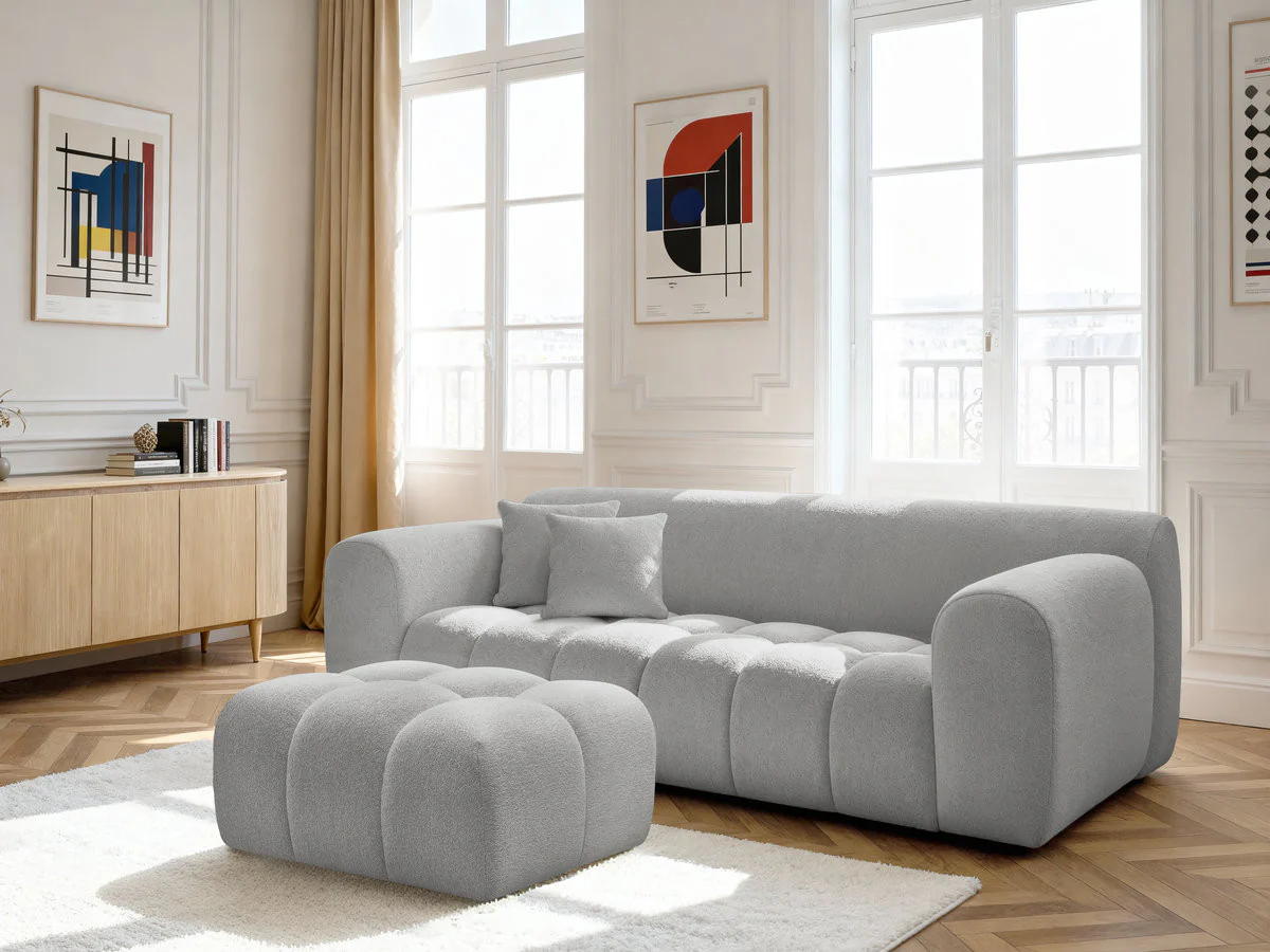 Canapé droit fixe 3 places MELISSE tissu chiné avec pouf - Image 13