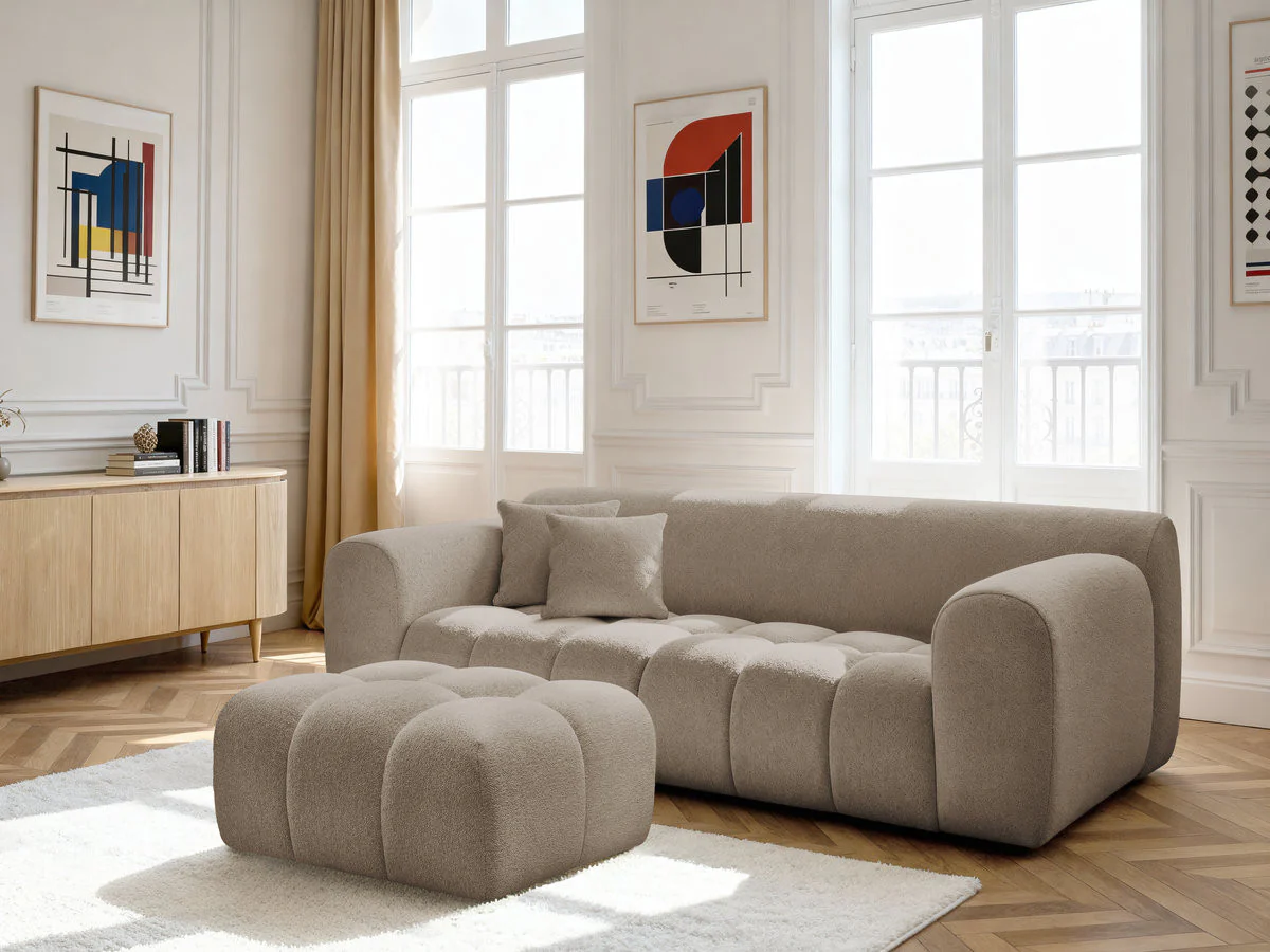 Canapé droit fixe 3 places MELISSE tissu chiné avec pouf - Image 3