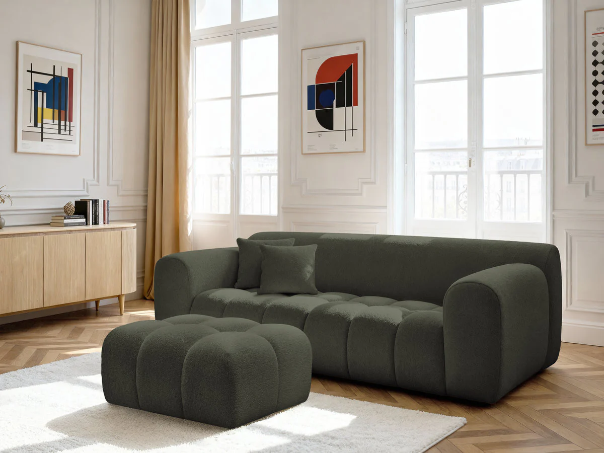 Canapé droit fixe 3 places MELISSE tissu chiné avec pouf - Image 8