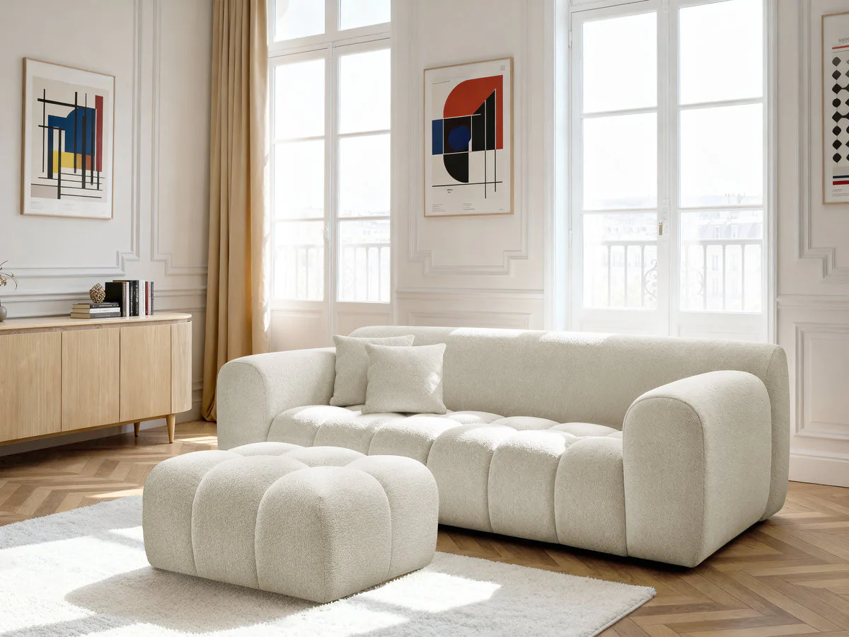 Canapé droit fixe 3 places MELISSE tissu chiné avec pouf - Image 9