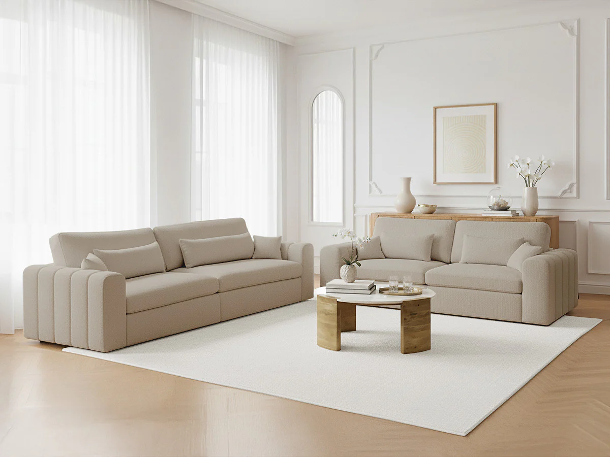 Ensemble canapé droit fixe 3 + 2 places BELMONT tissu bouclette - Image 3