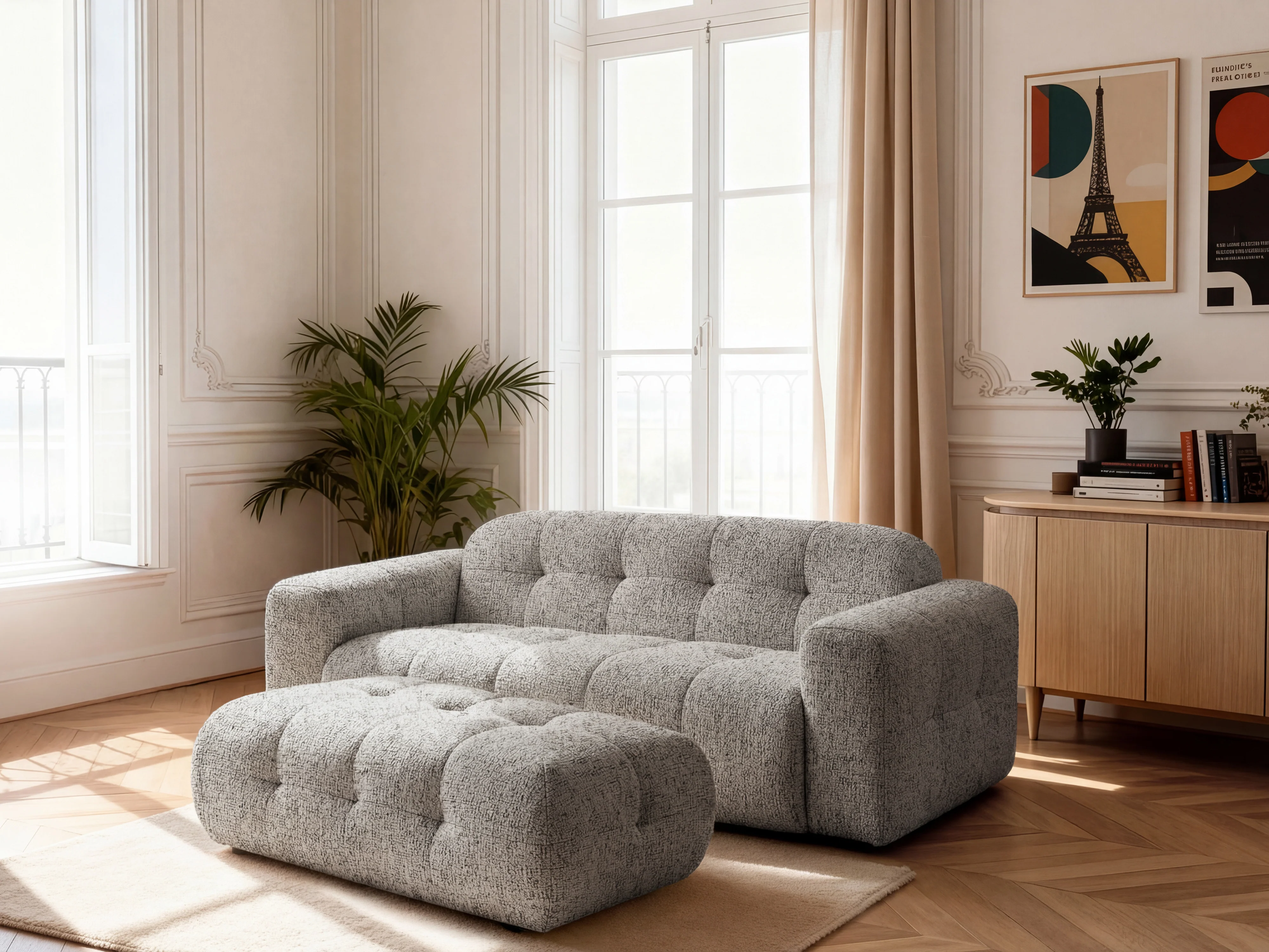 Canapé droit fixe 3 places LAURA tissu chiné avec grand pouf - Image 10