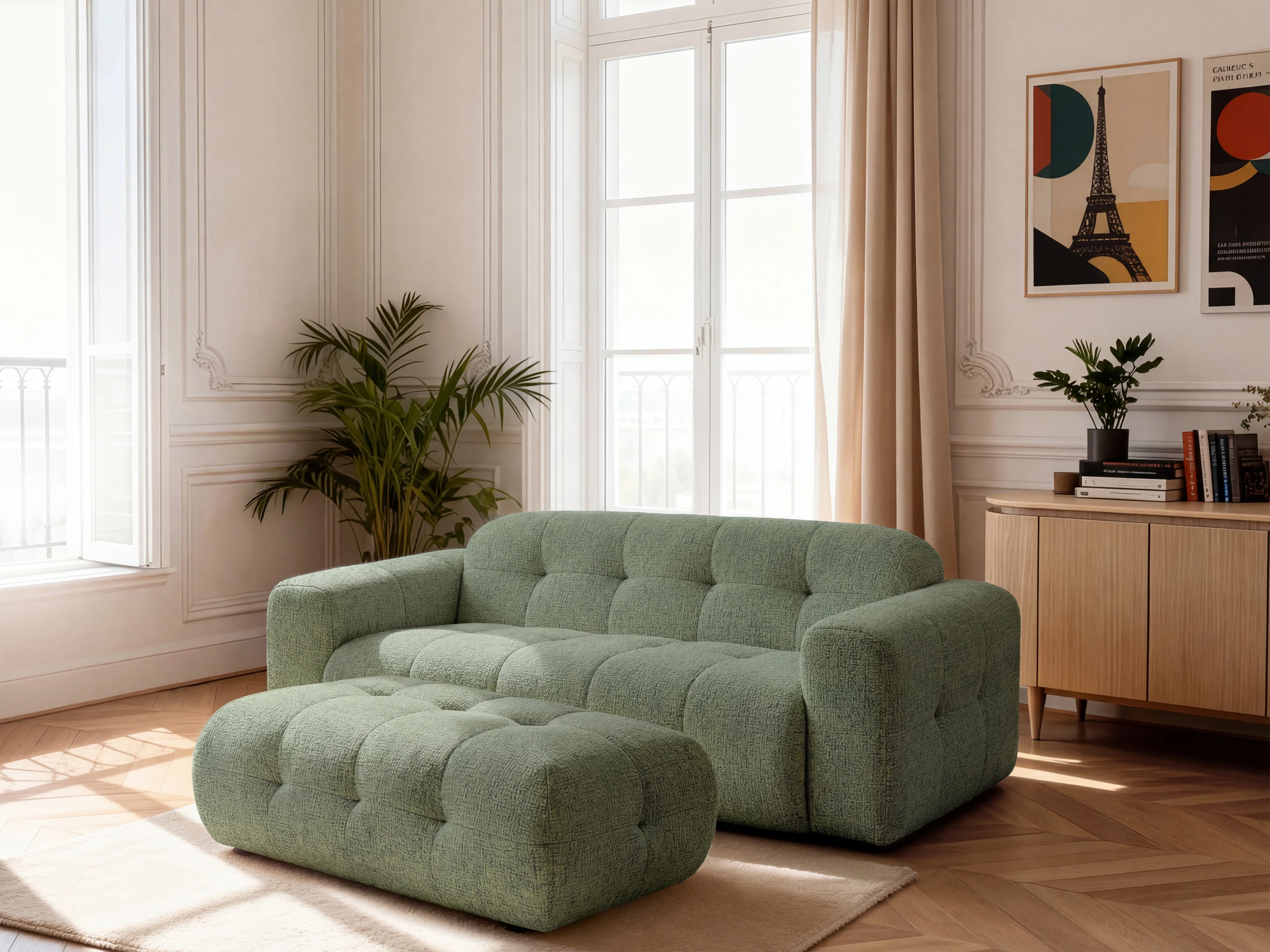 Canapé droit fixe 3 places LAURA tissu chiné avec grand pouf - Image 11