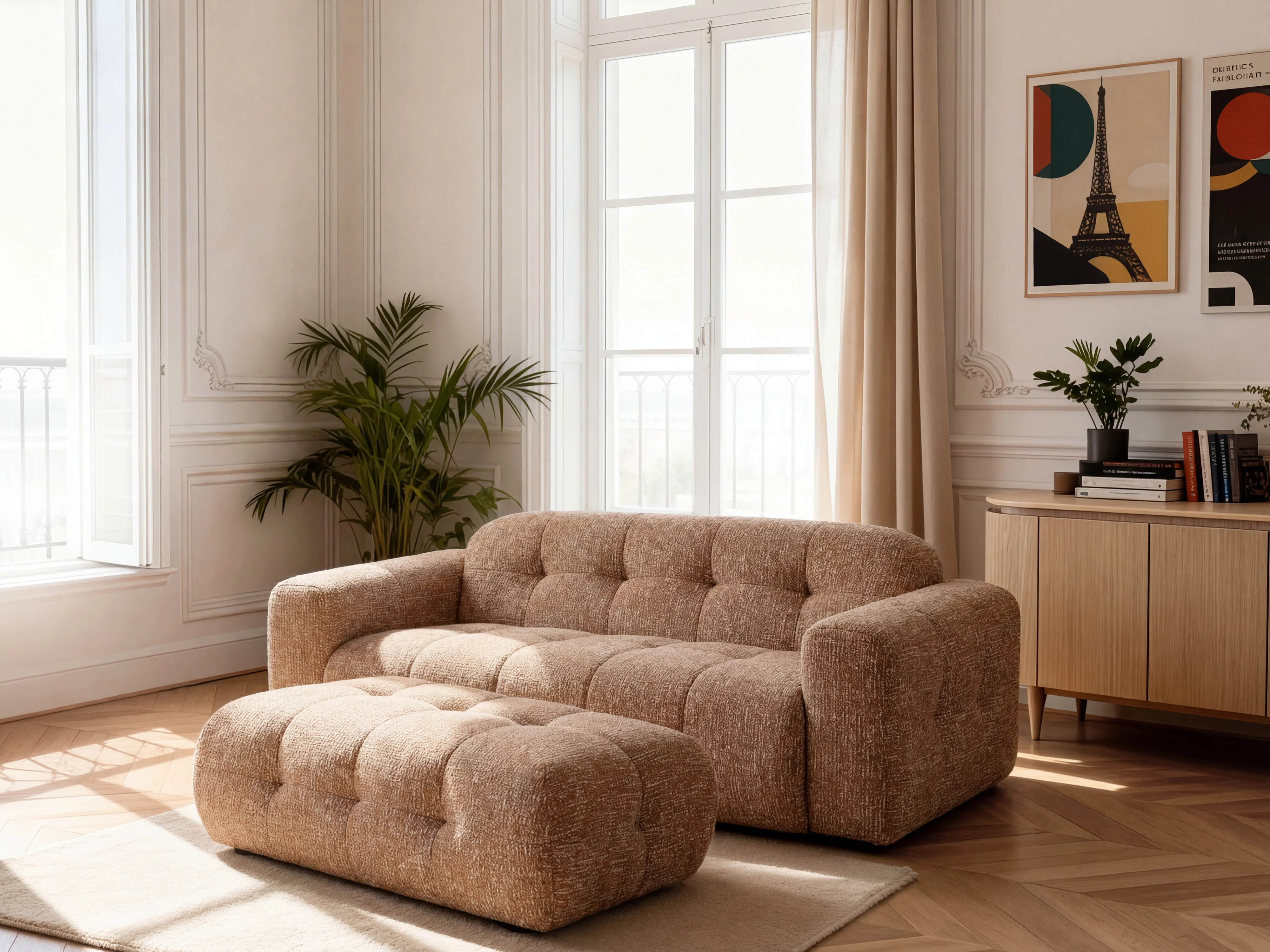 Canapé droit fixe 3 places LAURA tissu chiné avec grand pouf - Image 12