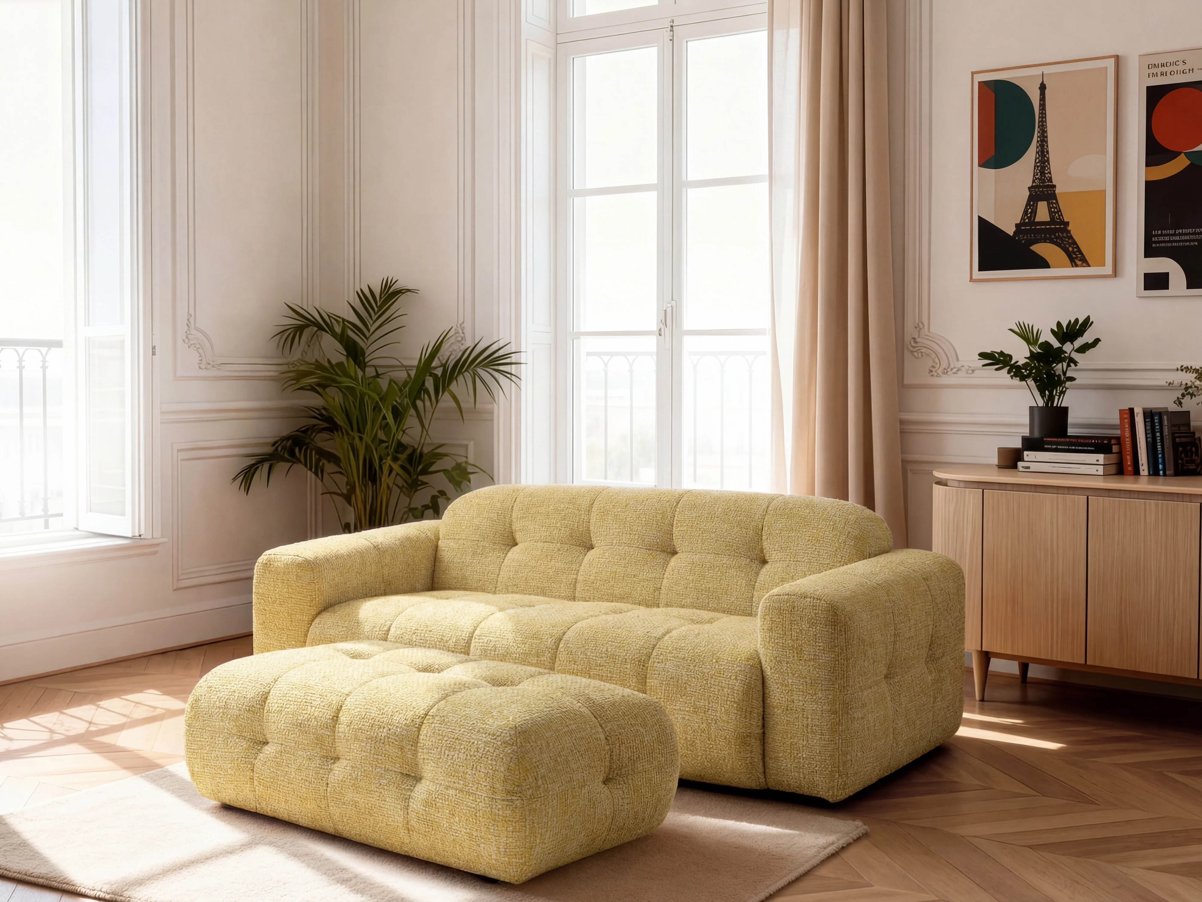 Canapé droit fixe 3 places LAURA tissu chiné avec grand pouf - Image 13