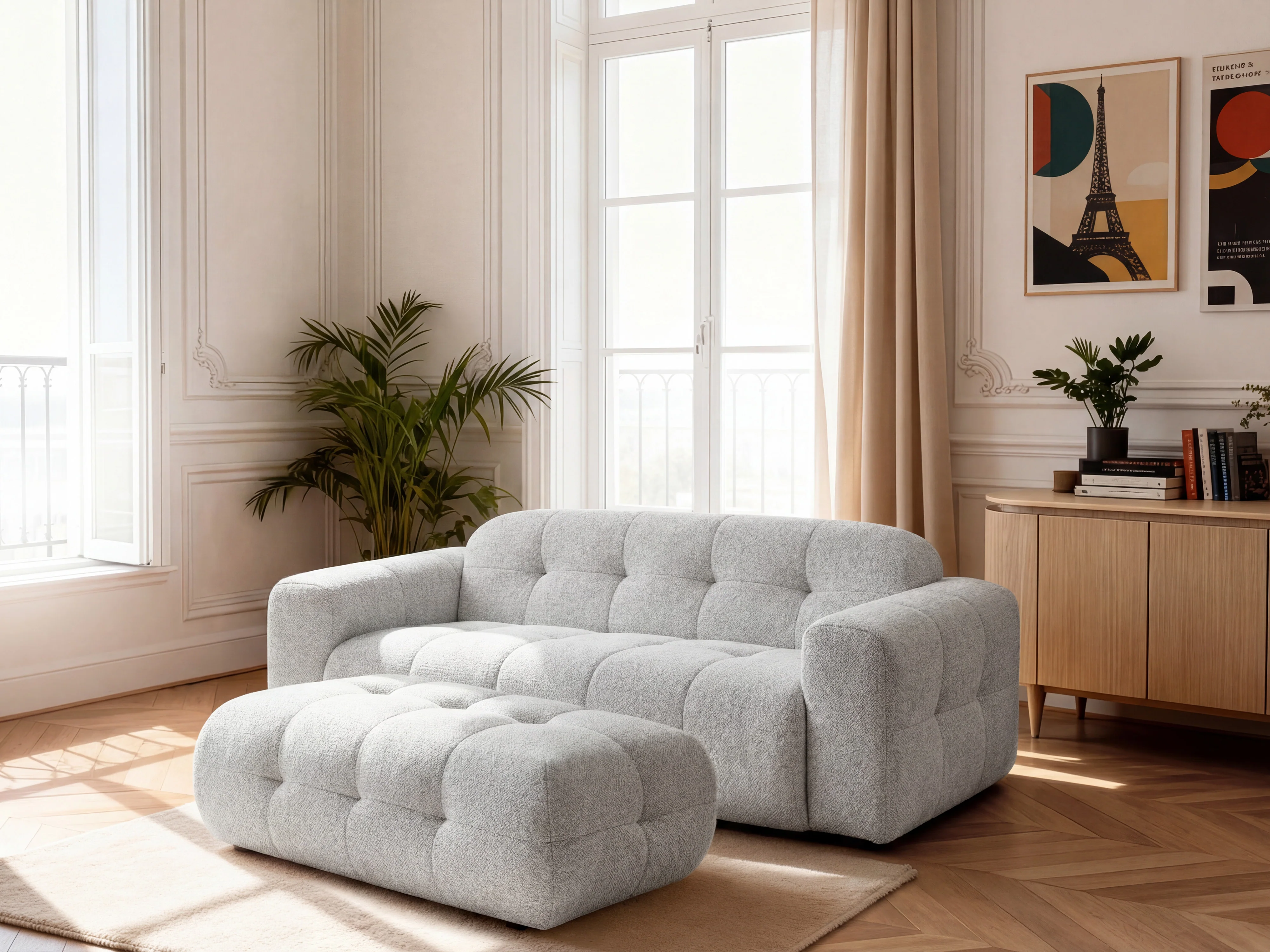 Canapé droit fixe 3 places LAURA tissu chiné avec grand pouf - Image 14