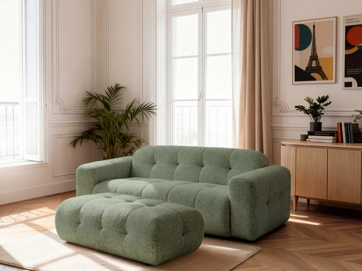 Canapé droit fixe 3 places LAURA tissu chiné avec grand pouf - Image 2