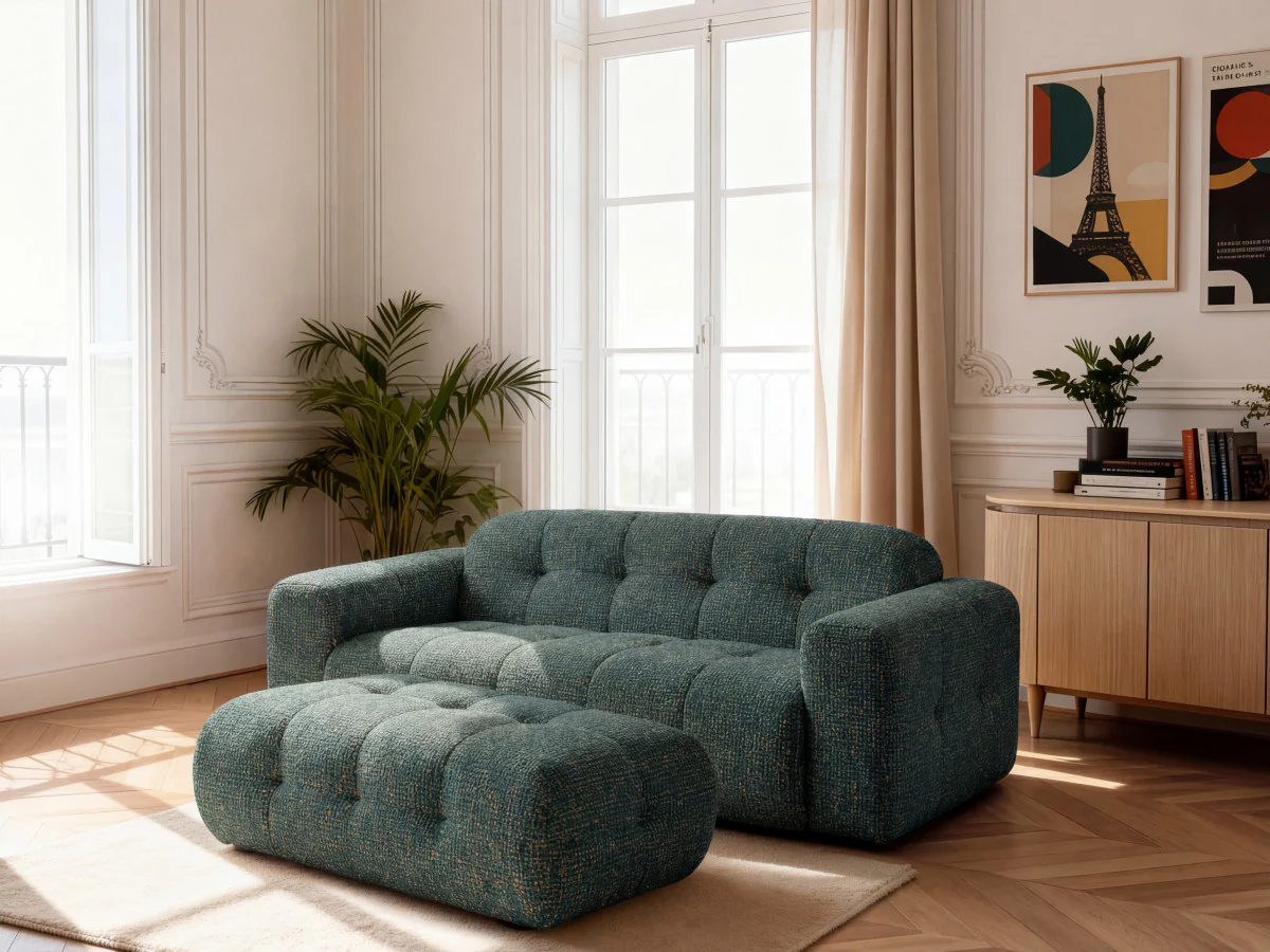 Canapé droit fixe 3 places LAURA tissu chiné avec grand pouf - Image 3
