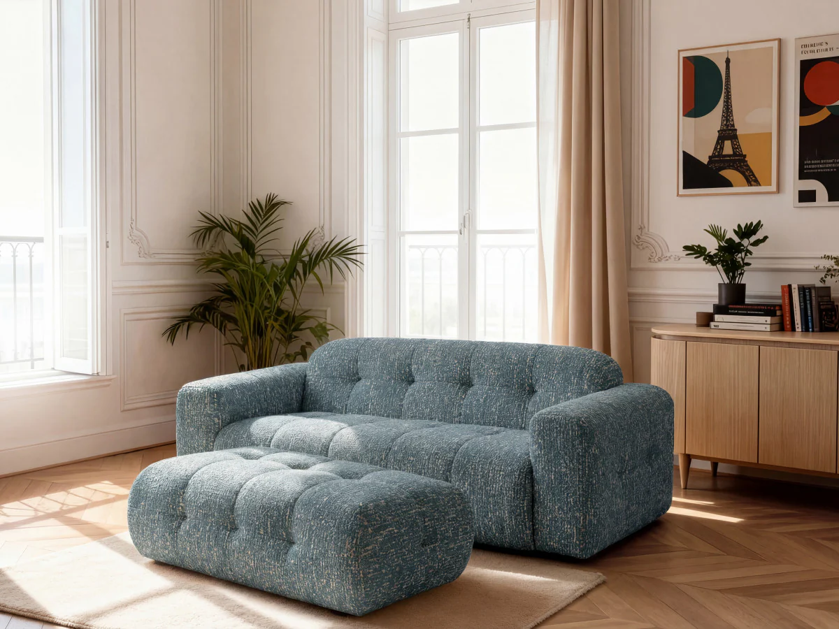 Canapé droit fixe 3 places LAURA tissu chiné avec grand pouf - Image 6
