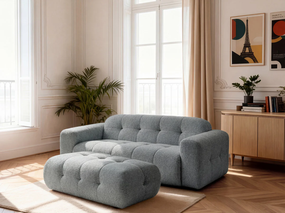 Canapé droit fixe 3 places LAURA tissu chiné avec grand pouf - Image 8
