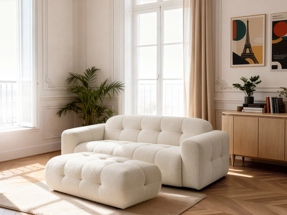 Canapé droit fixe 3 places LAURA tissu chiné avec grand pouf - Image 9
