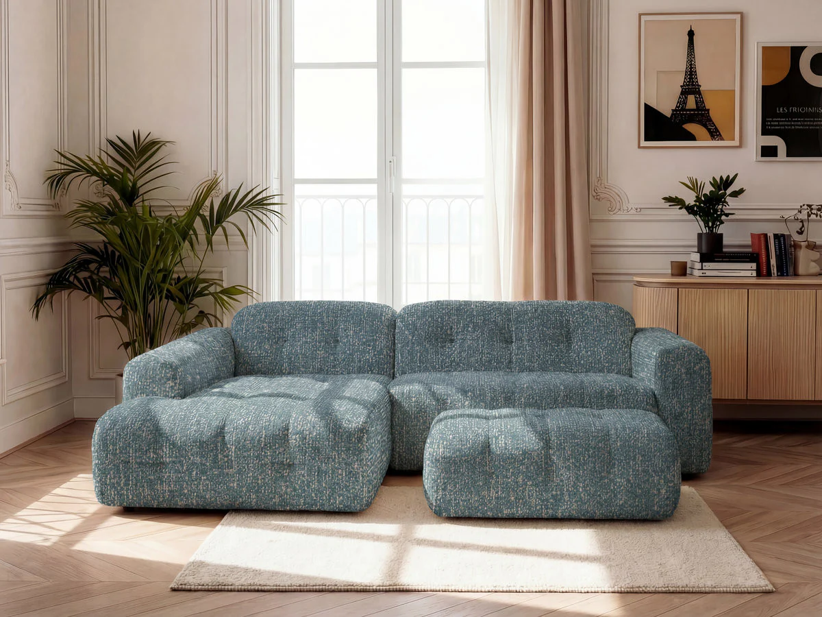 Canapé d'angle fixe LAURA tissu chiné avec grand pouf - Image 14
