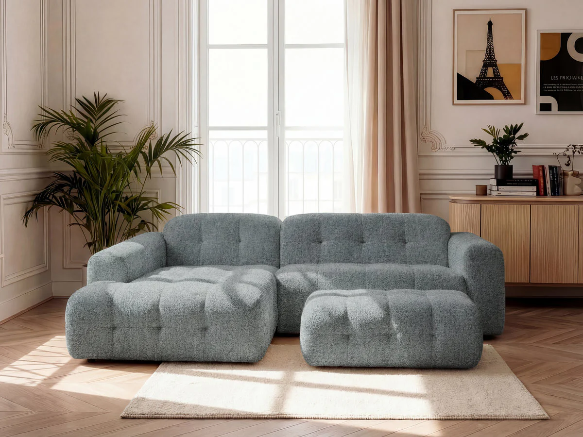 Canapé d'angle fixe LAURA tissu chiné avec grand pouf - Image 16
