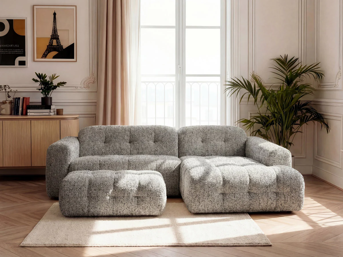 Canapé d'angle fixe LAURA tissu chiné avec grand pouf - Image 2