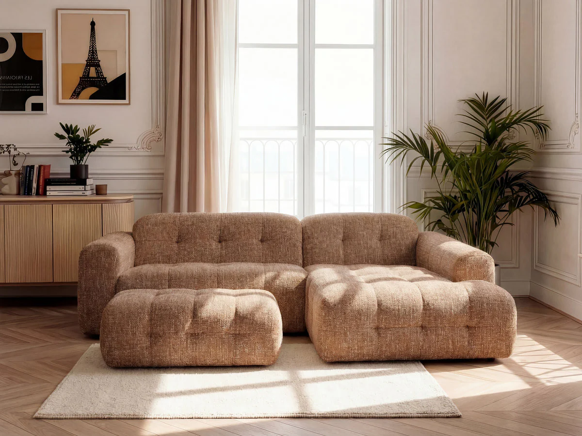 Canapé d'angle fixe LAURA tissu chiné avec grand pouf - Image 20