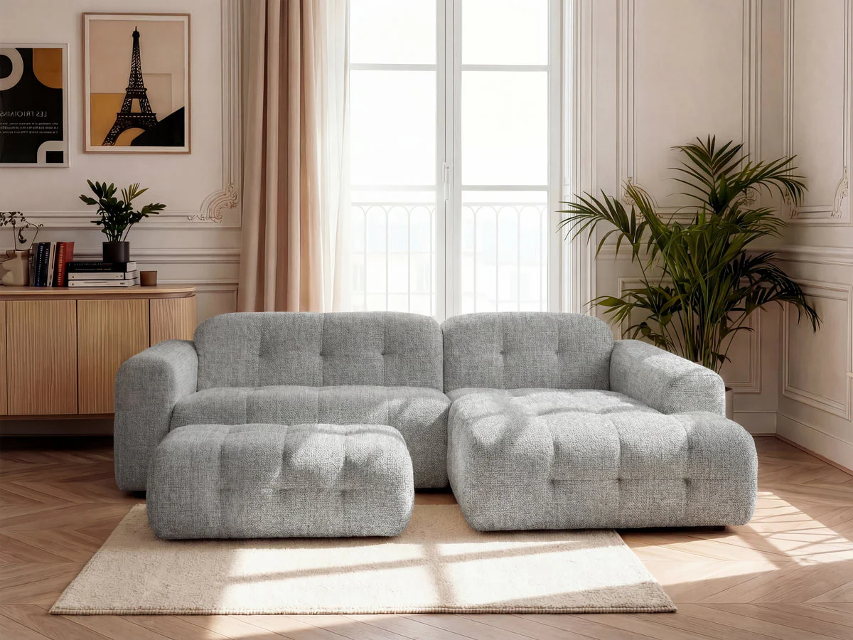 Canapé d'angle fixe LAURA tissu chiné avec grand pouf - Image 22