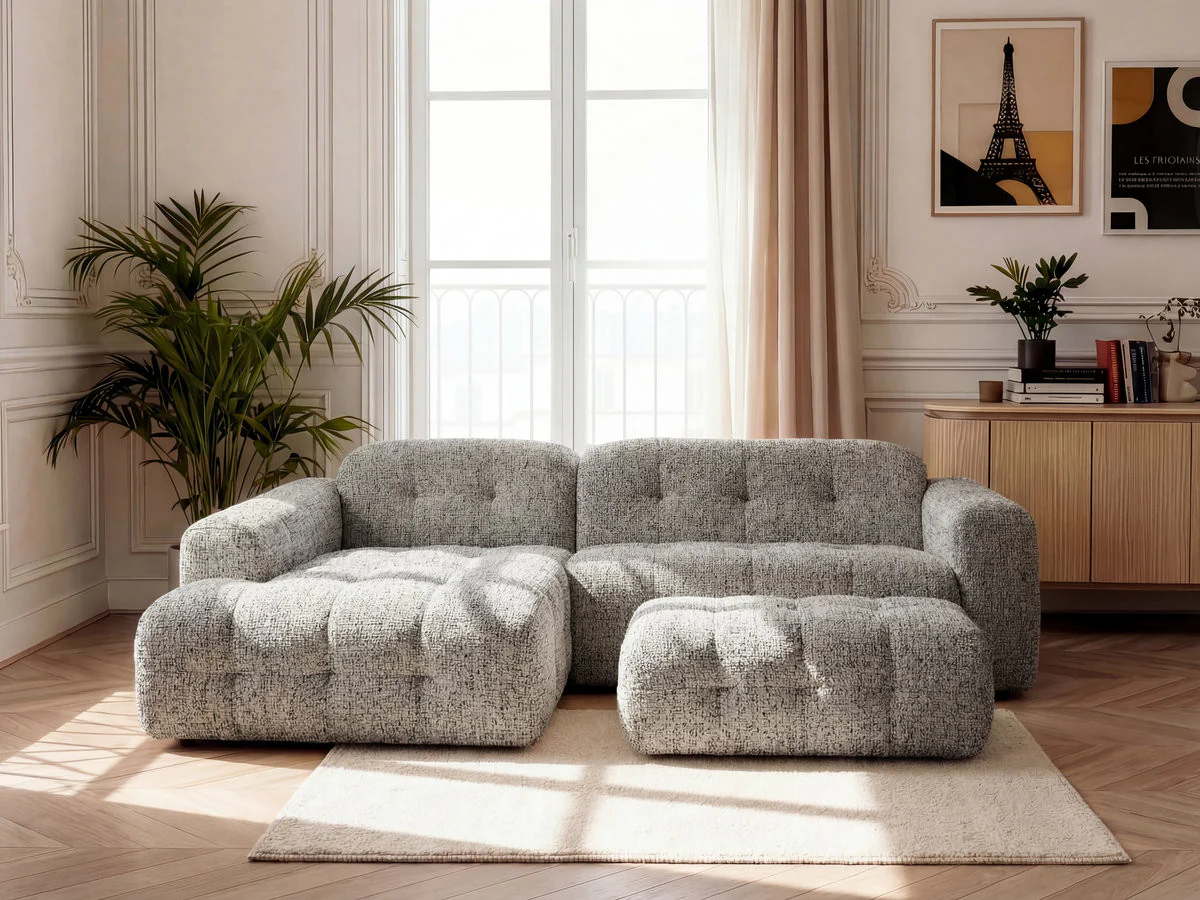 Canapé d'angle fixe LAURA tissu chiné avec grand pouf - Image 24