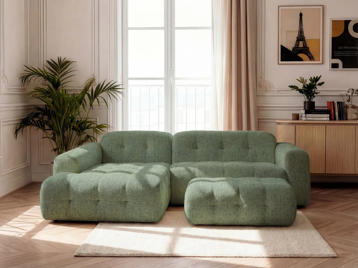 Canapé d'angle fixe LAURA tissu chiné avec grand pouf - Image 25