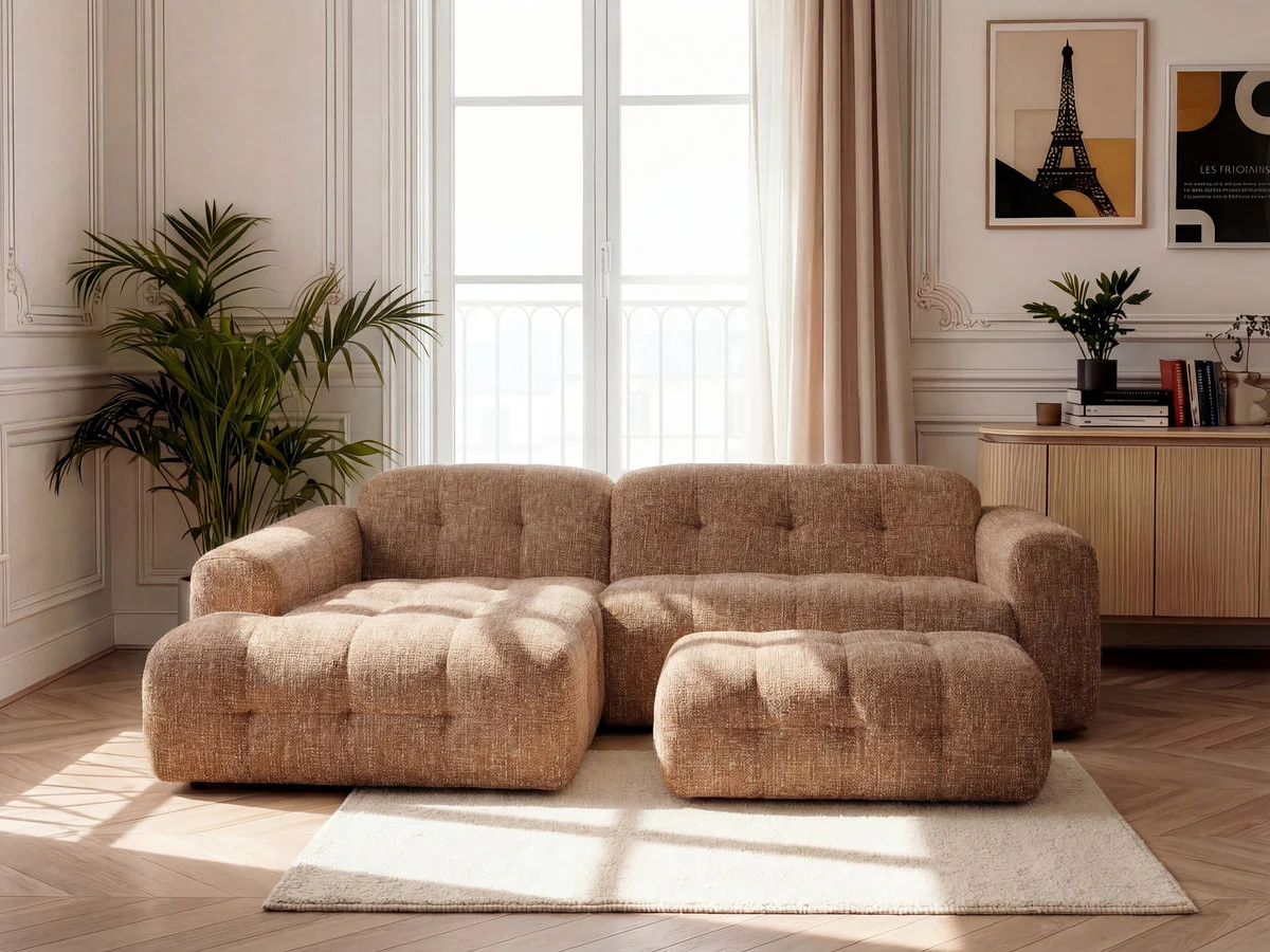 Canapé d'angle fixe LAURA tissu chiné avec grand pouf - Image 26
