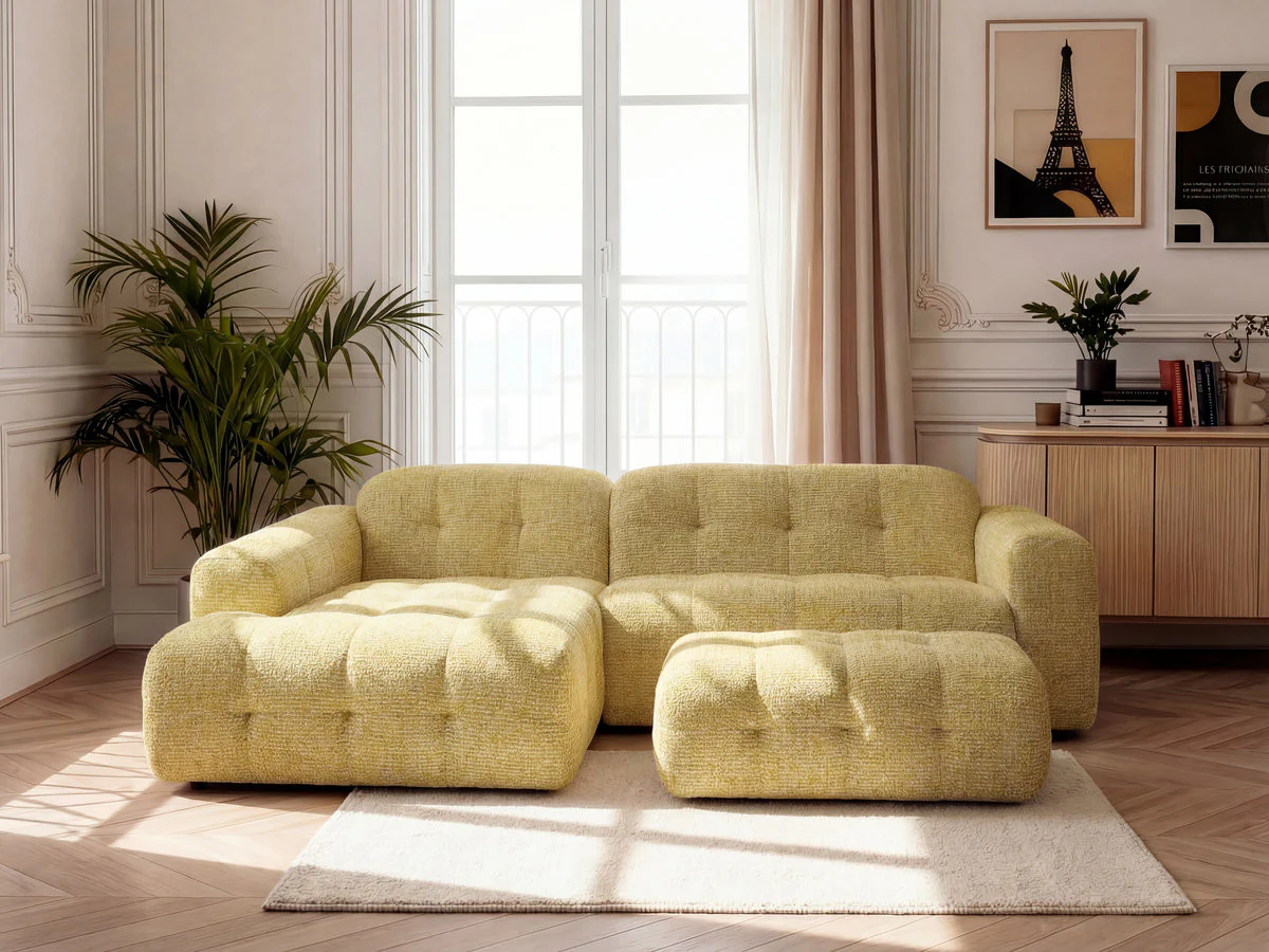 Canapé d'angle fixe LAURA tissu chiné avec grand pouf - Image 27