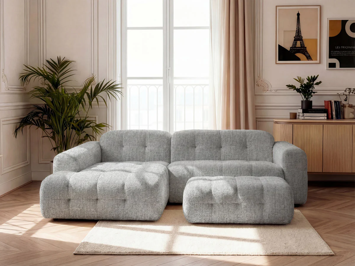 Canapé d'angle fixe LAURA tissu chiné avec grand pouf - Image 28