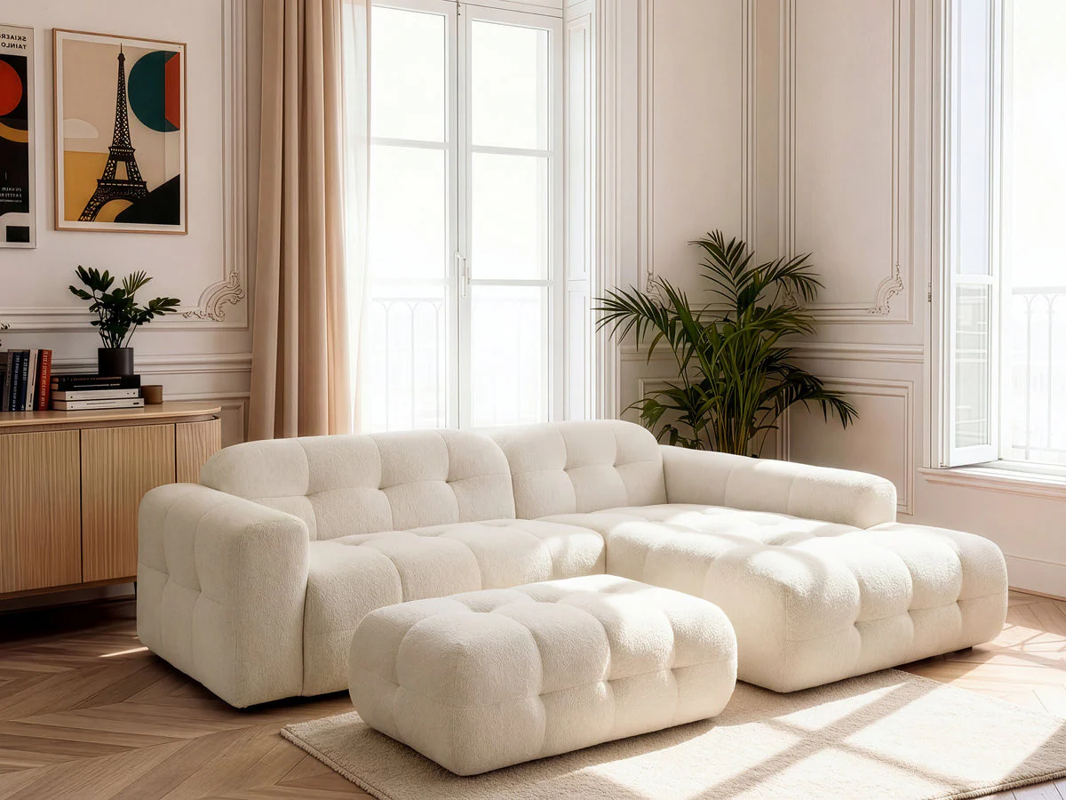 Canapé d'angle fixe LAURA tissu chiné avec grand pouf - Image 29