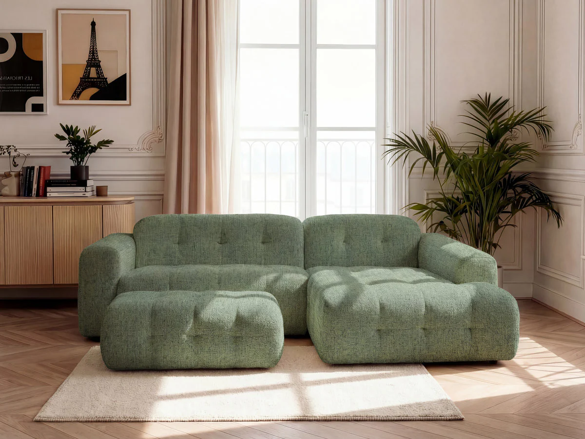 Canapé d'angle fixe LAURA tissu chiné avec grand pouf - Image 3