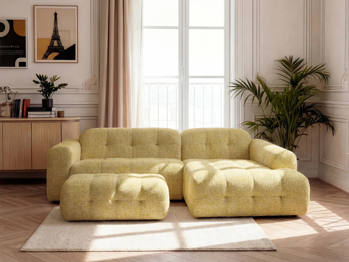Canapé d'angle fixe LAURA tissu chiné avec grand pouf - Image 5