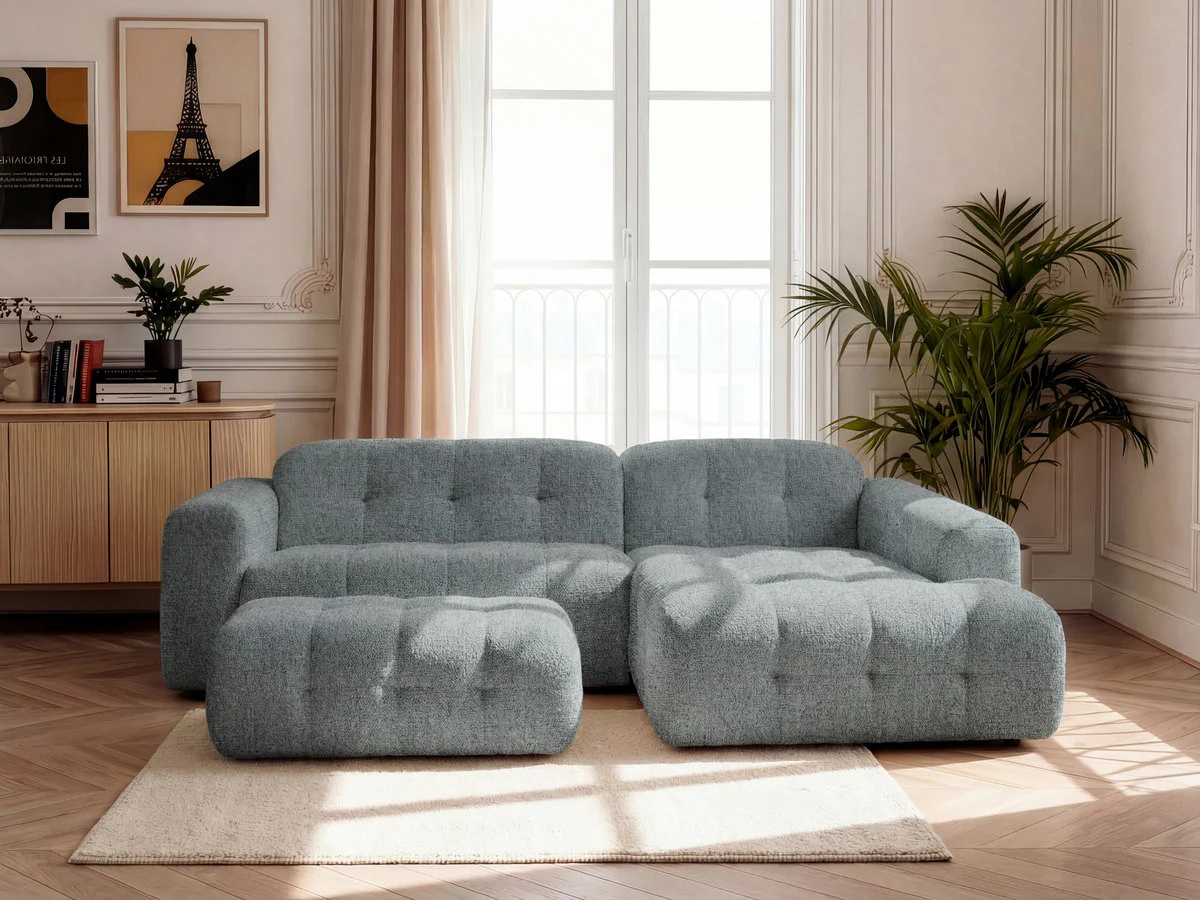 Canapé d'angle fixe LAURA tissu chiné avec grand pouf - Image 8