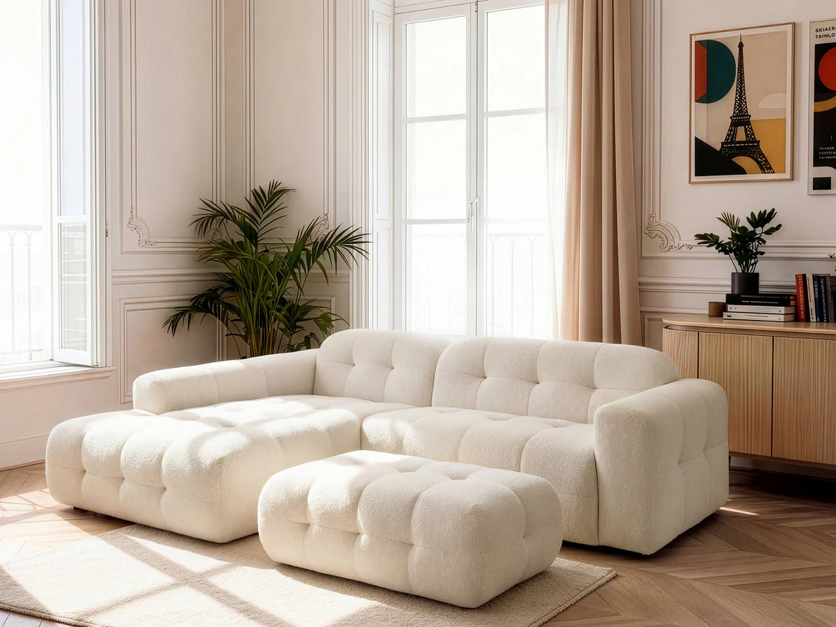 Canapé d'angle fixe LAURA tissu chiné avec grand pouf - Image 9