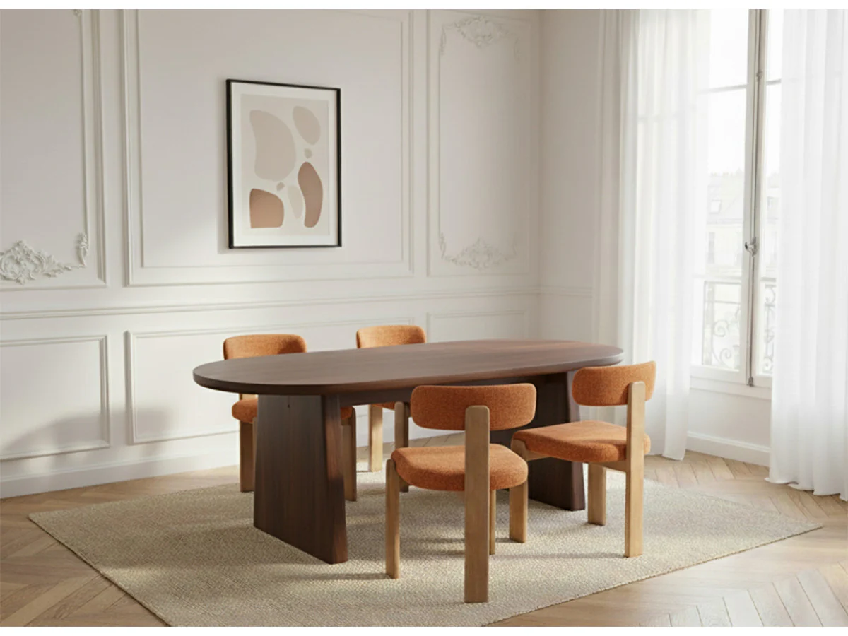 Ensemble PABLO avec table à manger ovale 220 cm placage noyer + chaises TANYA tissu texturé