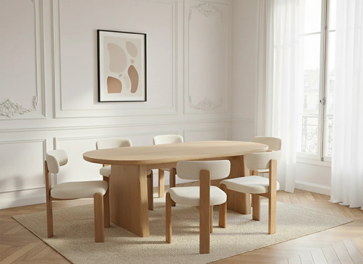 Ensemble PABLO avec table à manger ovale 220 cm placage noyer + chaises TANYA tissu texturé - Image 10