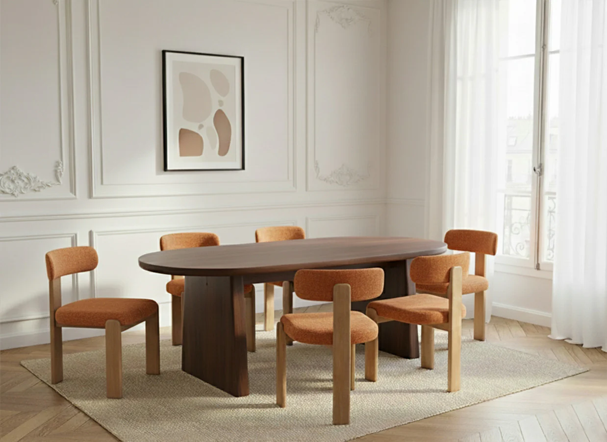 Ensemble PABLO avec table à manger ovale 220 cm placage noyer + chaises TANYA tissu texturé - Image 11