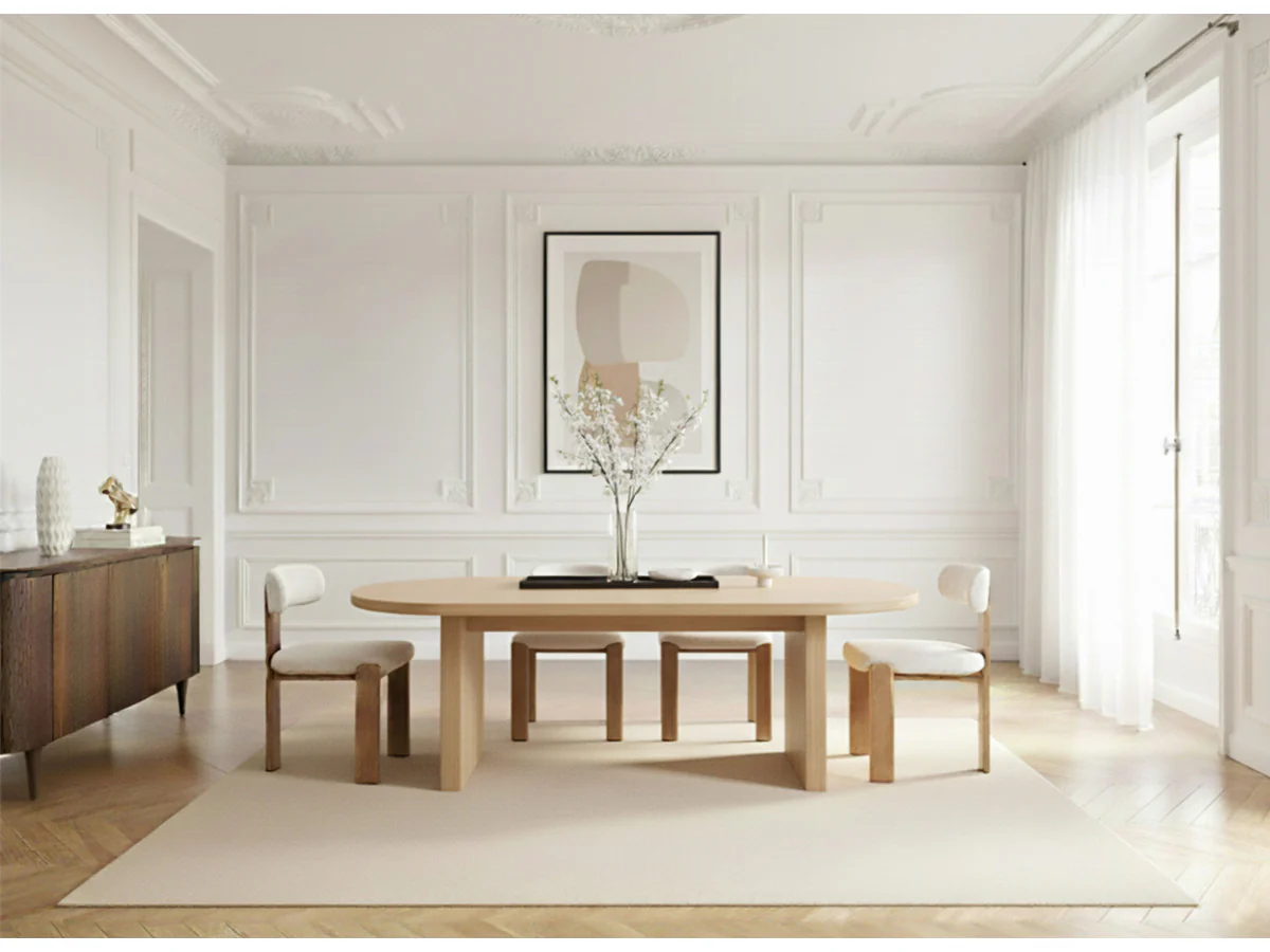 Ensemble PABLO avec table à manger ovale 220 cm placage noyer + chaises TANYA tissu texturé - Image 2