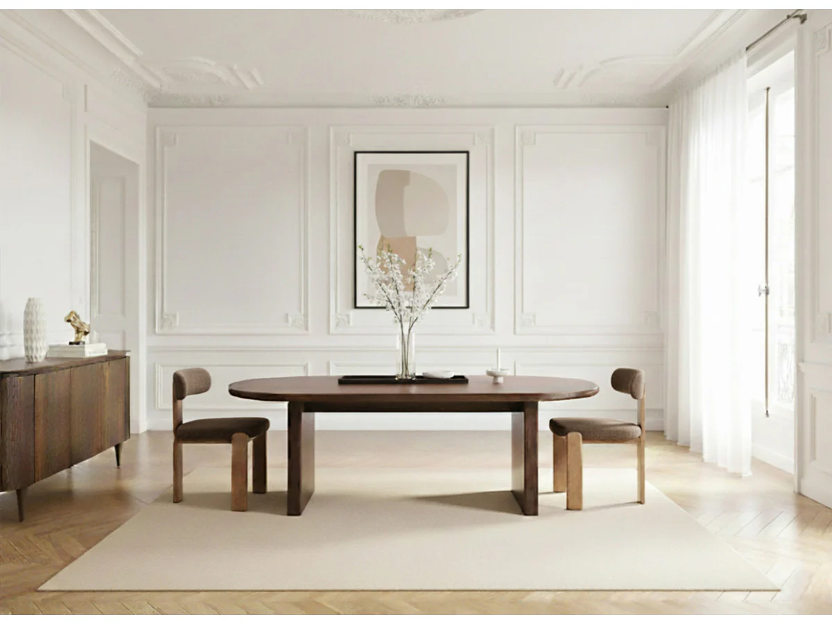 Ensemble PABLO avec table à manger ovale 220 cm placage noyer + chaises TANYA tissu texturé - Image 4