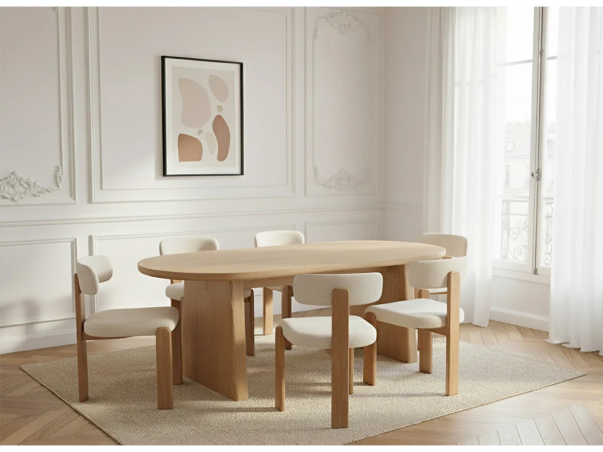 Ensemble PABLO avec table à manger ovale 220 cm placage noyer + chaises TANYA tissu texturé - Image 5